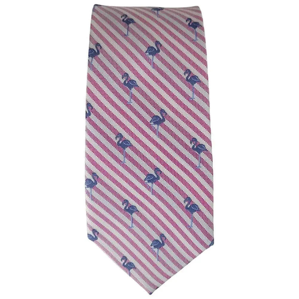 NWT Jos. A. Bank 1905 Silk Neck Tie Pink Striped Blue Flamingo Birds